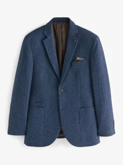 Blauw - Normale Pasvorm - Blazer met visgraatmotief en hoog wolgehalte