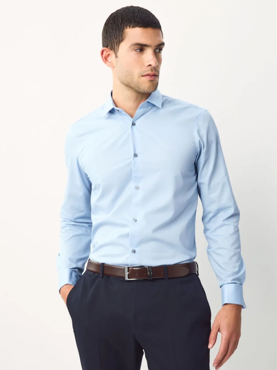 Blauw - Normale Pasvorm - Eenvoudig te strijken slim fit overhemd met textuur en dubbele manchetten