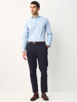 Blauw - Normale Pasvorm - Eenvoudig te strijken slim fit overhemd met textuur en dubbele manchetten