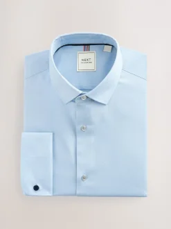 Blauw - Normale Pasvorm - Eenvoudig te strijken slim fit overhemd met textuur en dubbele manchetten