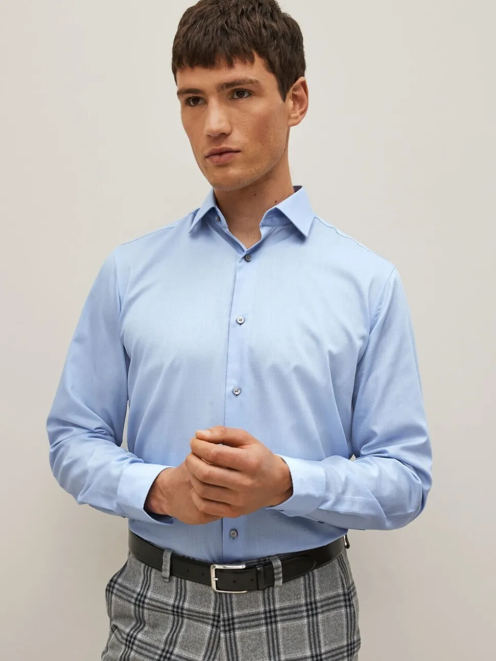 Blauw - Normale Pasvorm - Onderhoudsvriendelijk, getextureerd, slim fit overhemd met enkele manchet