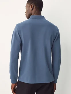 Blauw - Normale Pasvorm - Piqué polo met lange mouwen