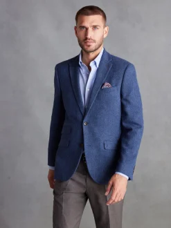 Blauw - Normale Pasvorm - Signature Nova Fides Blazer van wolblend met visgraatmotief