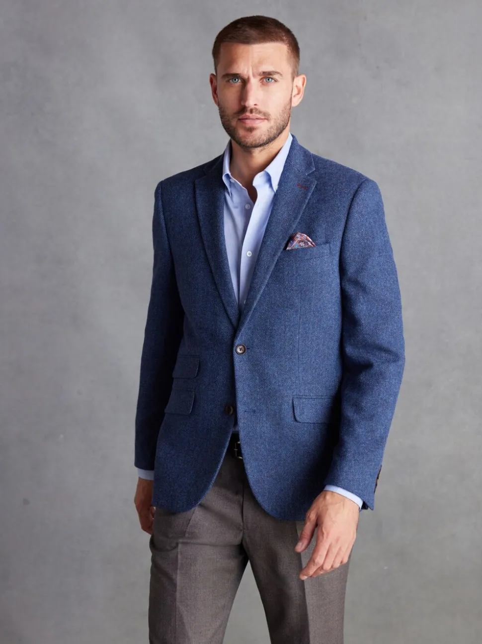 Blauw - Normale Pasvorm - Signature Nova Fides Blazer van wolblend met visgraatmotief