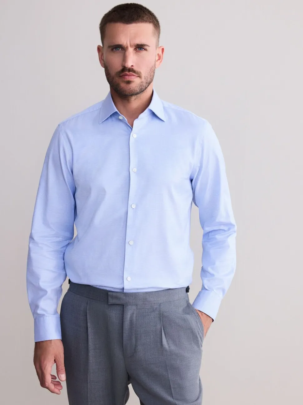 Blauw - Normale Pasvorm - Signature 100% katoenen overhemd met textuur