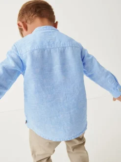 Blauw - Overhemd van linnenmix met opa-kraag (3 mnd-7 jr)