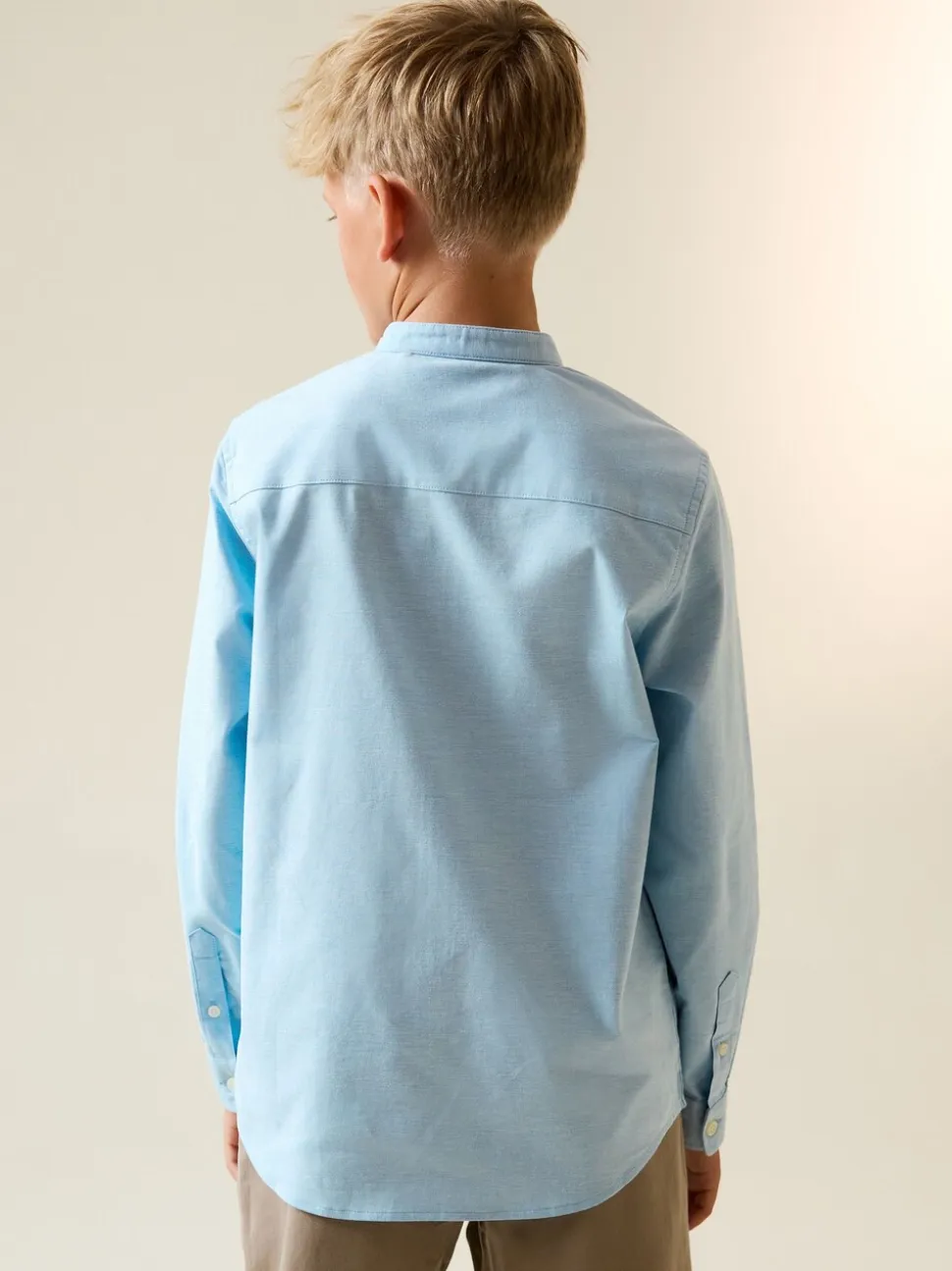 Blauw - Oxford-overhemd met Lange mouwen en opa-kraag (3-16jaar)
