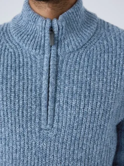 Blauw - Regular-fit gebreide trui met textuur en kwartrits bij de hals en wol