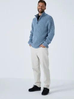 Blauw - Regular-fit gebreide trui met textuur en kwartrits bij de hals en wol