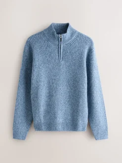 Blauw - Regular-fit gebreide trui met textuur en kwartrits bij de hals en wol