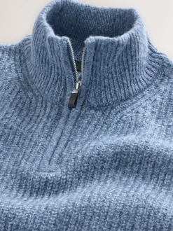 Blauw - Regular-fit gebreide trui met textuur en kwartrits bij de hals en wol