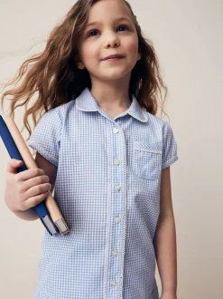 Blauw - Schoolblouse met gingham-ruit en hoog aandeel katoen (3-14jr)