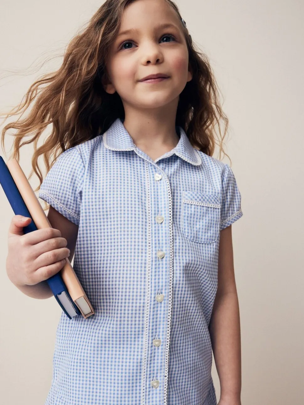 Blauw - Schoolblouse met gingham-ruit en hoog aandeel katoen (3-14jr)