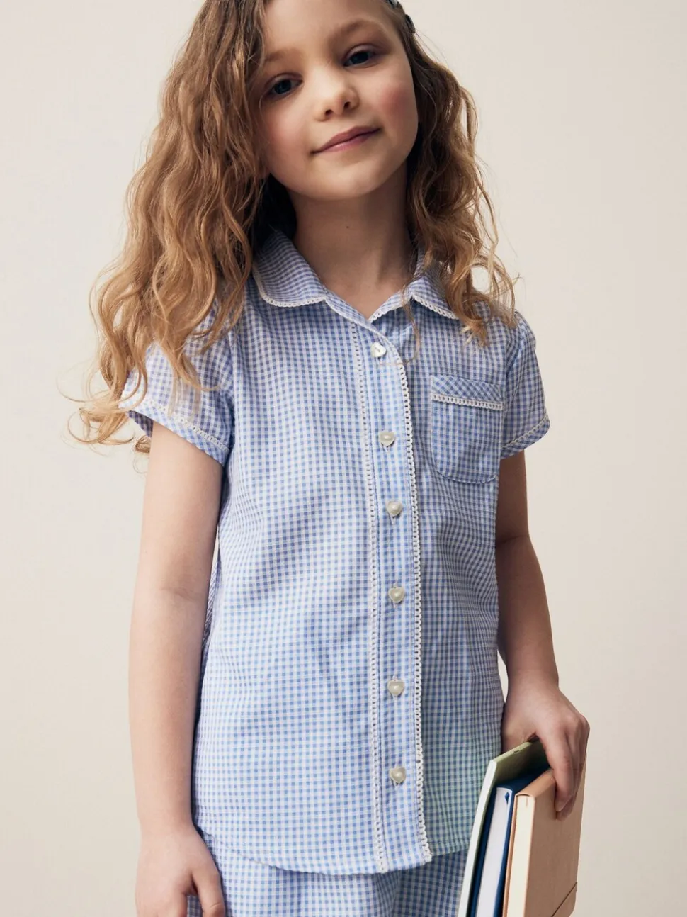 Blauw - Schoolblouse met gingham-ruit en hoog aandeel katoen (3-14jr)