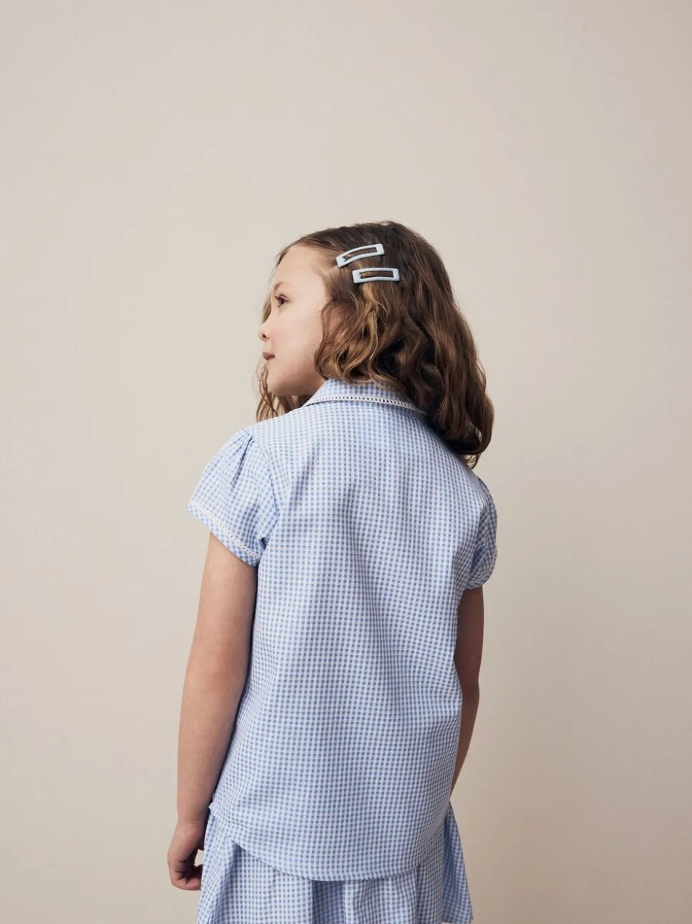 Blauw - Schoolblouse met gingham-ruit en hoog aandeel katoen (3-14jr)