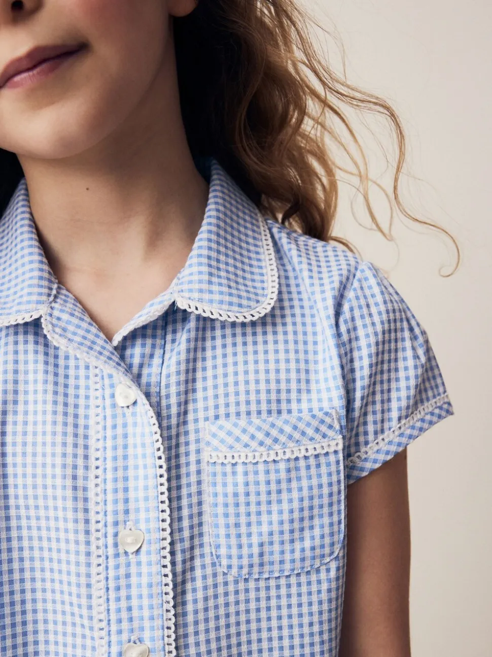 Blauw - Schoolblouse met gingham-ruit en hoog aandeel katoen (3-14jr)