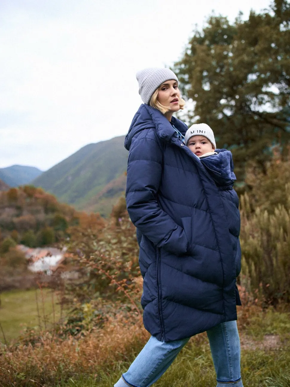 Blauw - Seraphine Lange Chevron 3 in 1 zwangerschaps- & draagjas met donsvulling