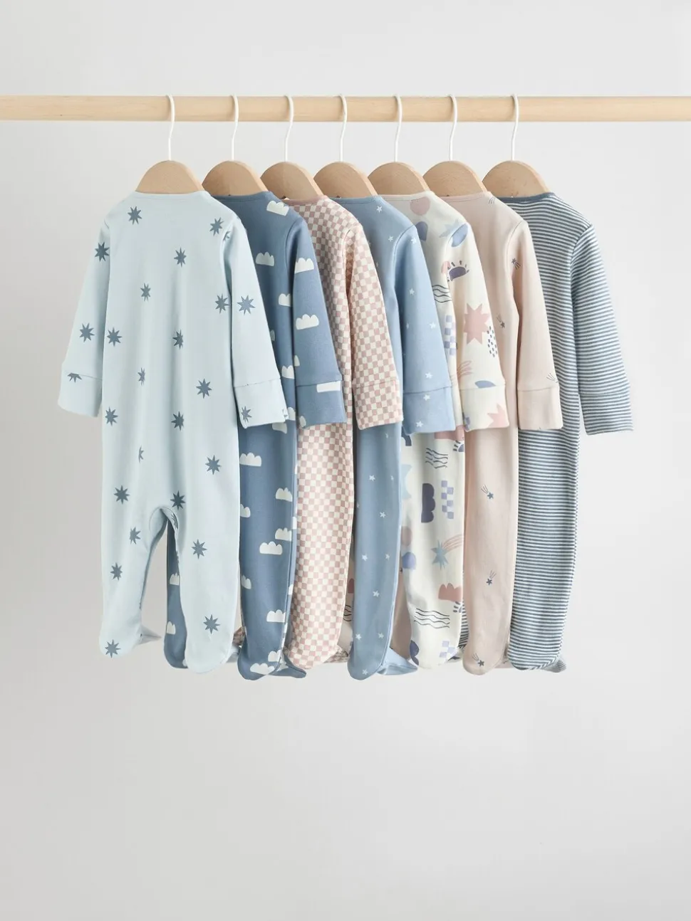 Blauw - Set van 7 Baby Popper-slaappakjes (0mnd-2jr)