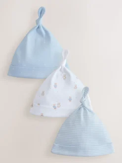 Blauw - Set van 3 babymutsen met gestrikte bovenkant (0-12mnd)