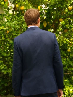 Blauw - Slim Fit - Colbert van wolmix met textuur