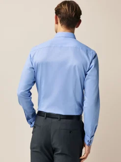 Blauw - Slim Fit - Eenvoudig te strijken slim fit overhemd met textuur en dubbele manchetten