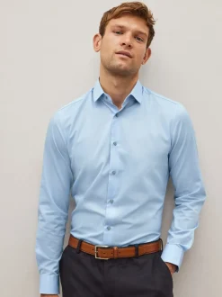 Blauw - Slim Fit - Onderhoudsvriendelijk, getextureerd, slim fit overhemd met enkele manchet