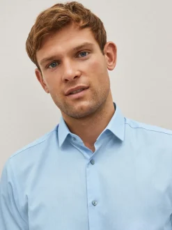 Blauw - Slim Fit - Onderhoudsvriendelijk, getextureerd, slim fit overhemd met enkele manchet
