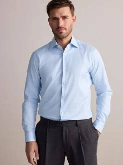 Blauw - Slim Fit - Signature 100% katoenen overhemd met textuur