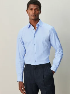 Blauw - Slim Fit - Textured Long Sleeve Formal Shirt with Trim