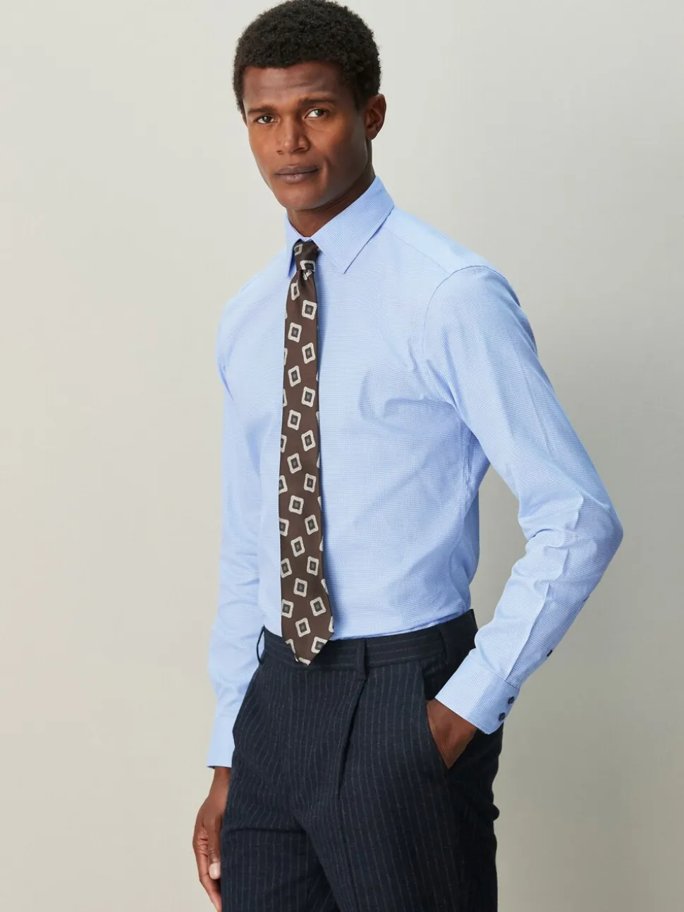 Blauw - Slim Fit - Textured Long Sleeve Formal Shirt with Trim