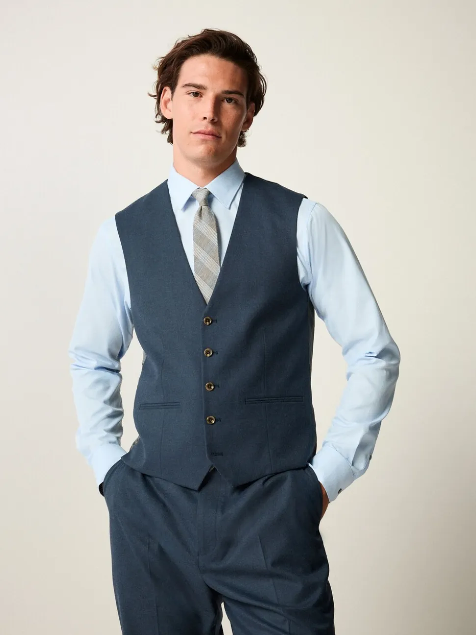 Blauw - Slim fit gestructureerd flanellen Pakgilet