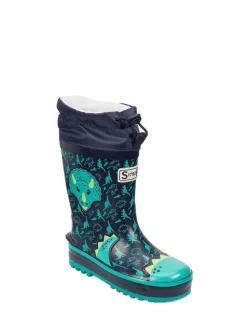 Blauw - Start Rite - Little Puddle - Regenlaarzen met dinosaurus en gestrikte bovenkant