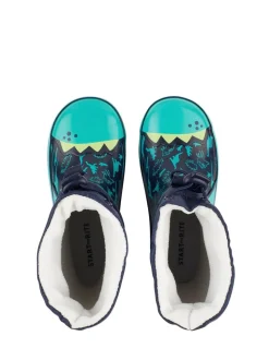 Blauw - Start Rite - Little Puddle - Regenlaarzen met dinosaurus en gestrikte bovenkant