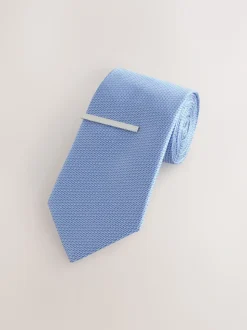 Blauw - Stropdas met textuur en dasspeld