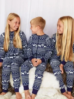 Blauw - The Little Tailor Kids Rendier kerstmis fair isle-patroon 100% katoen alles-in-één