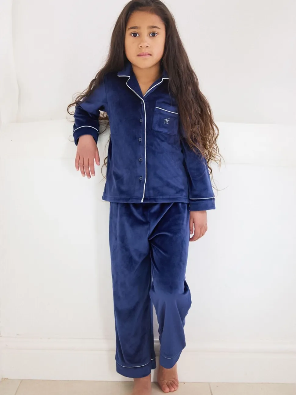 Blauw - The Little Tailor Luxe kerstpyjama voor kinderen van zacht aanvoelend velours