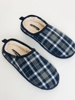 Blauw - Threadbare Check Faux Fur Lined Mule Slippers