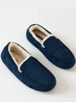 Blauw - Threadbare Faux Suede Faux Fur Lined Moccasin Slippers