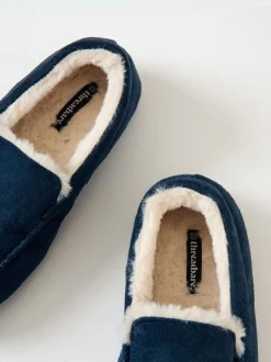 Blauw - Threadbare Faux Suede Faux Fur Lined Moccasin Slippers