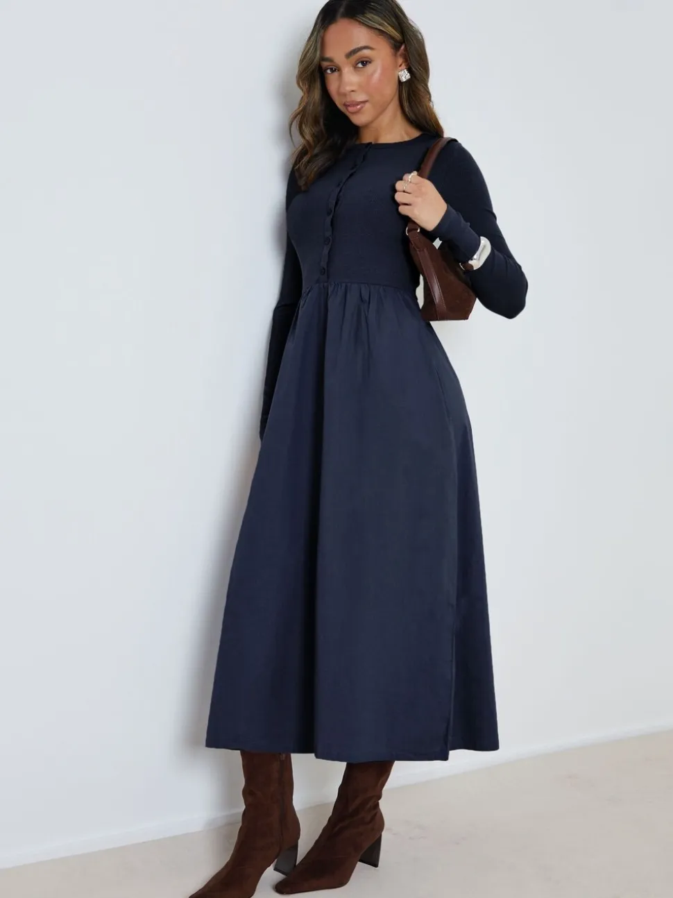 Blauw - Threadbare 2-in-1 Jersey Poplin Mix Button Down Dress