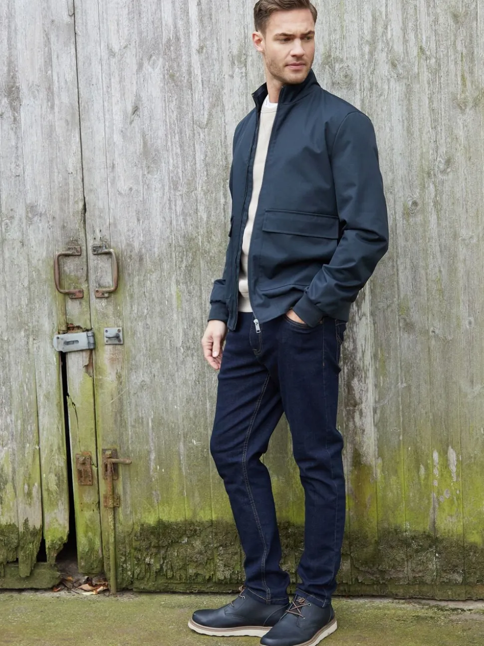 Blauw - Threadbare Patch Pocket Funnel Neck Harrington Style Jacket