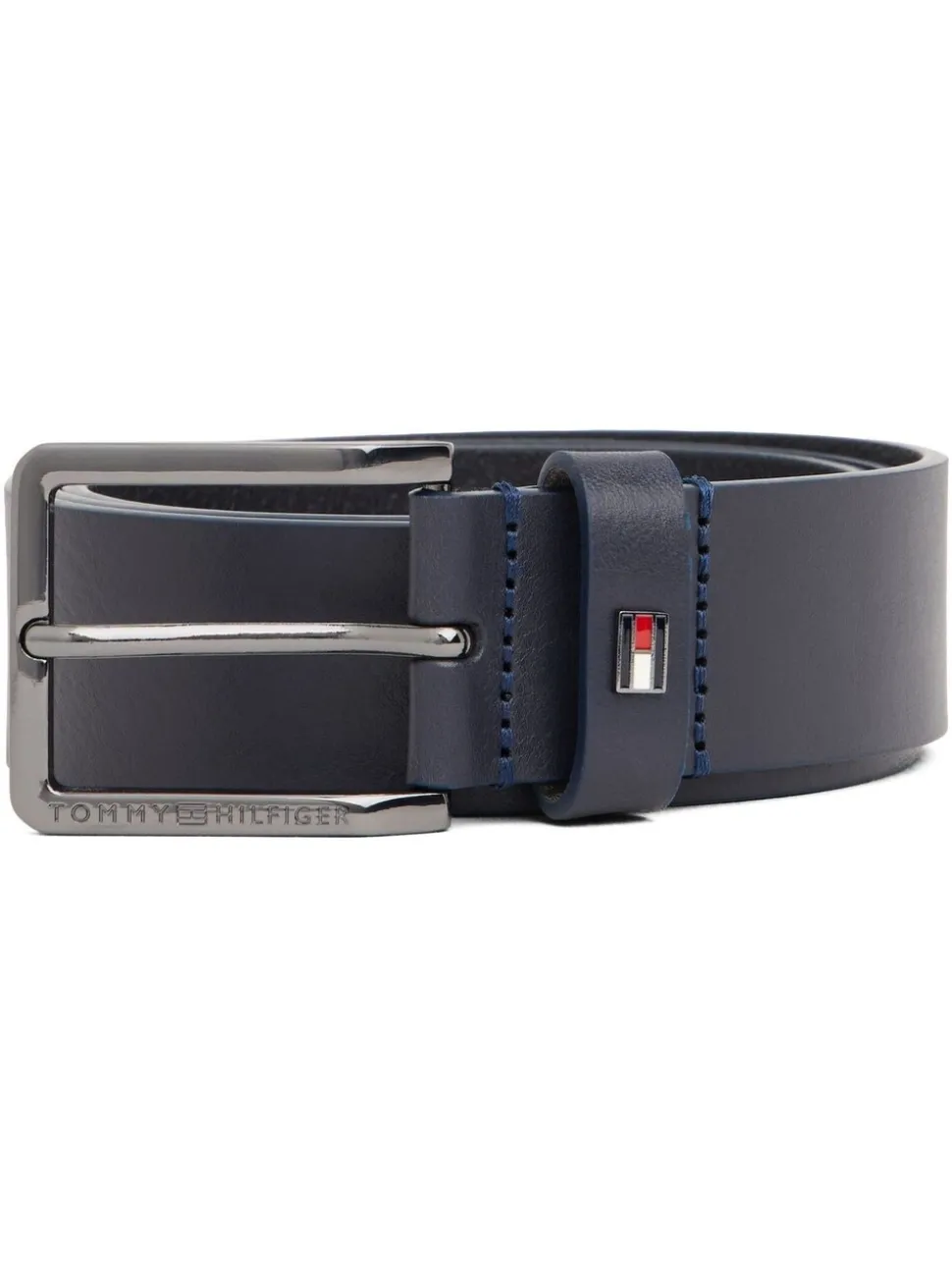 Blauw - Tommy Hilfiger leren riem met geëmailleerde vlag