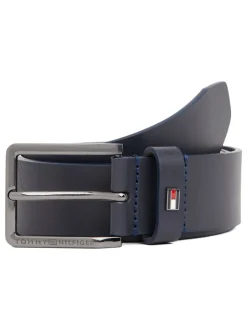 Blauw - Tommy Hilfiger leren riem met geëmailleerde vlag