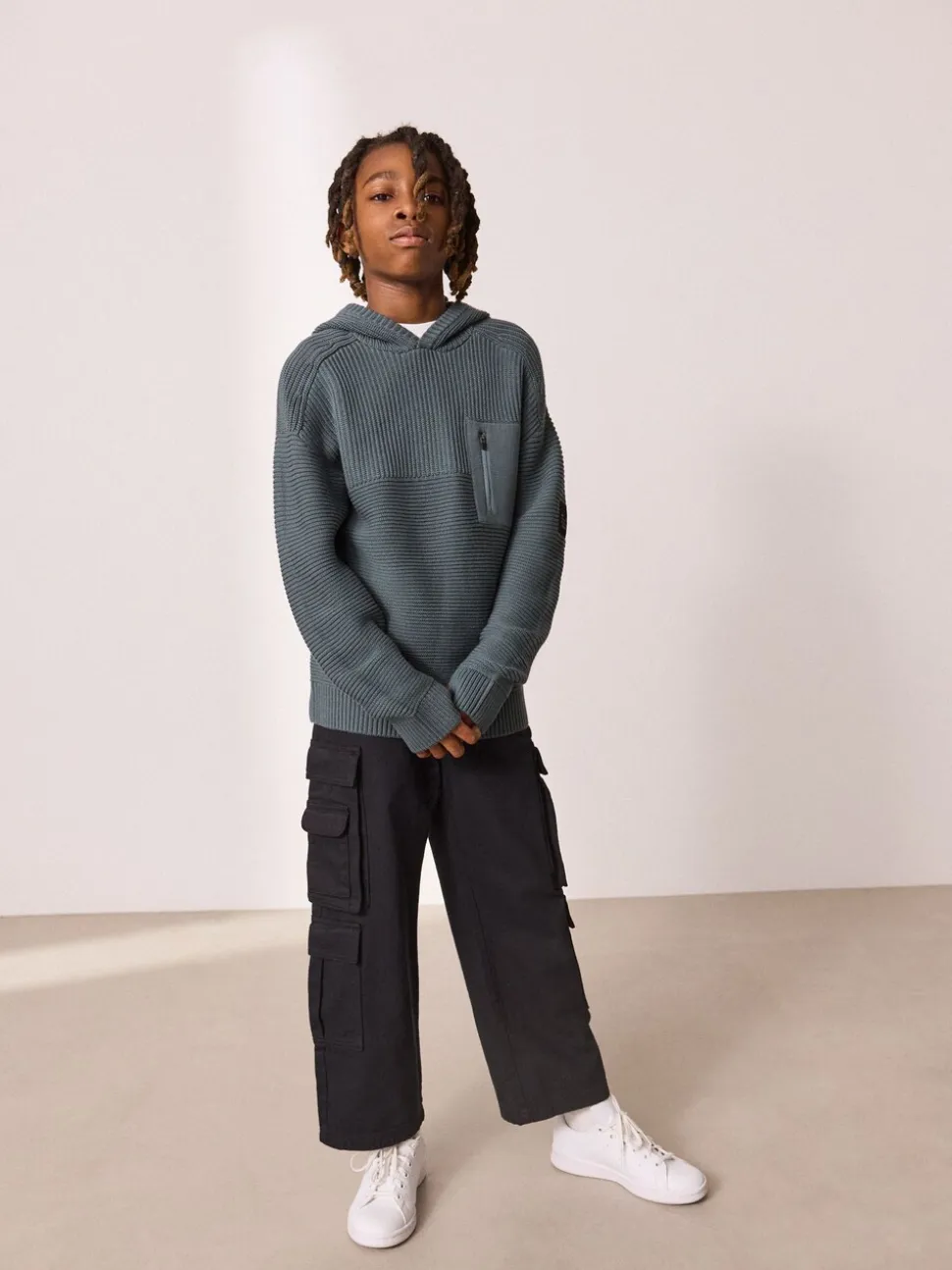 Blauw - Utility gebreide hoodie (3-16jr)