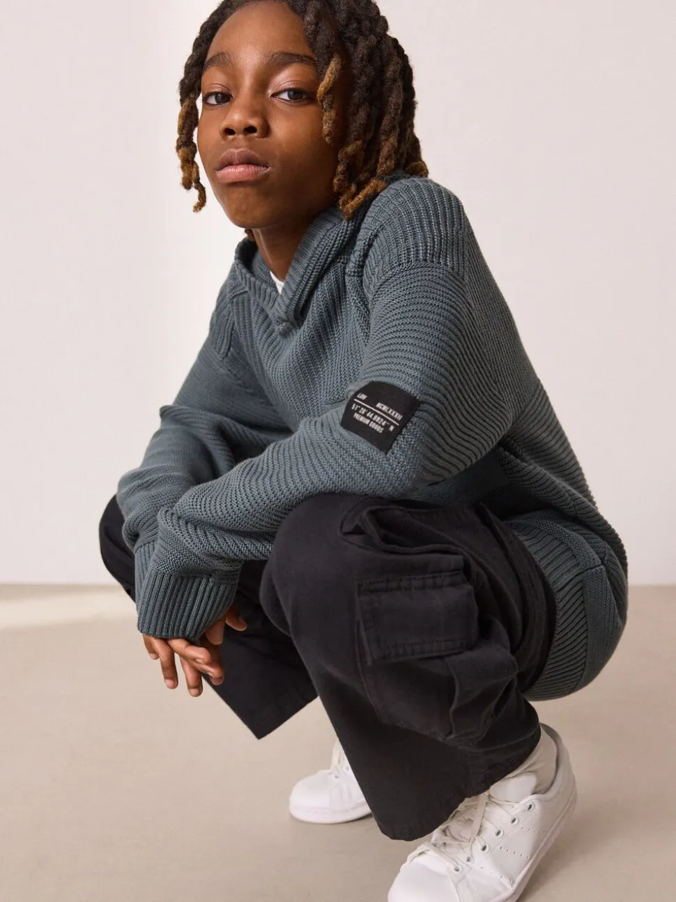 Blauw - Utility gebreide hoodie (3-16jr)