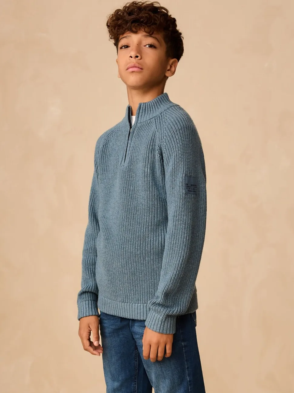 Blauw - Utility gebreide trui met rits bij de hals (3-16jr)