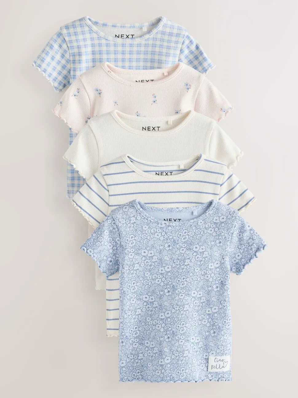 Blauw - Verpakking van 5 geribbelde tops met korte mouwen (3mnd -7jaar)