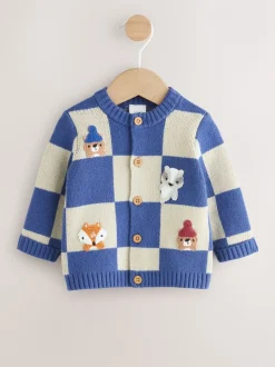 Blauw geborduurd dambord Karakter - Gebreid babyvest (0 mnd- 2 jr)