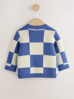 Blauw geborduurd dambord Karakter - Gebreid babyvest (0 mnd- 2 jr)