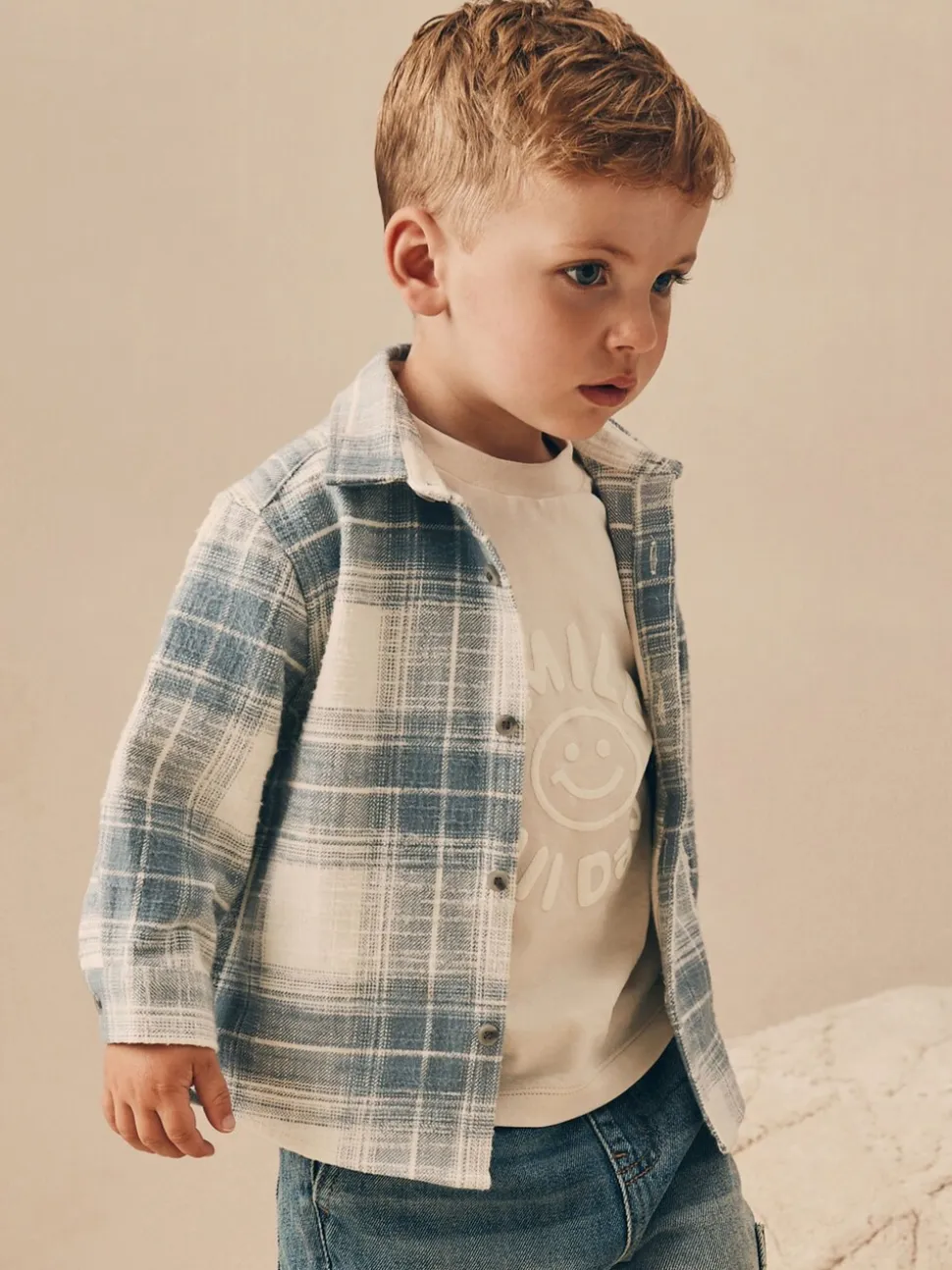 Blauw geruit - Set van T-shirt en shirt met lange mouwen (3mnd-7jr)